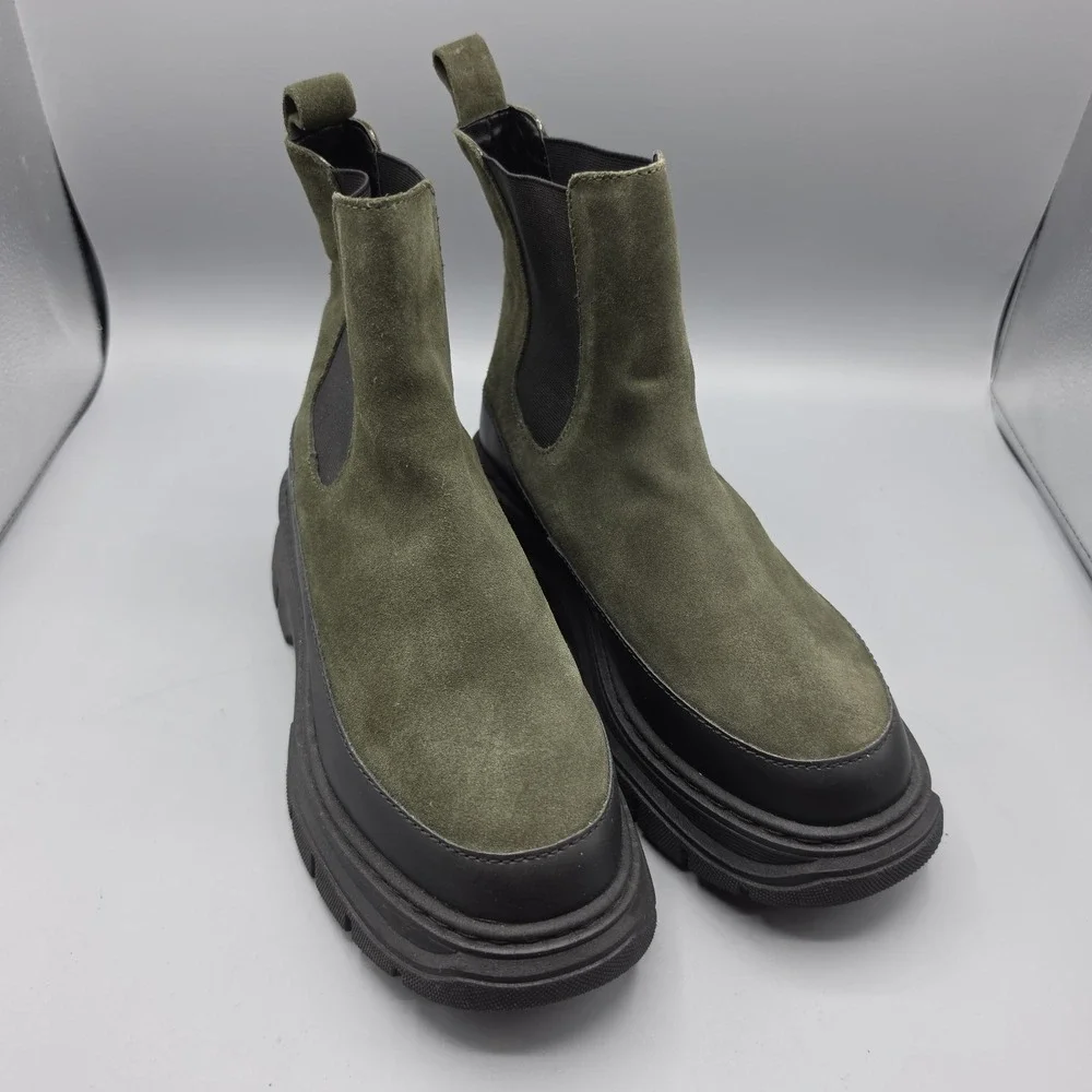 Maeve Anthropologie Chelsea Boots Womens 38 Green Suede Chunky Lug Sole Platform